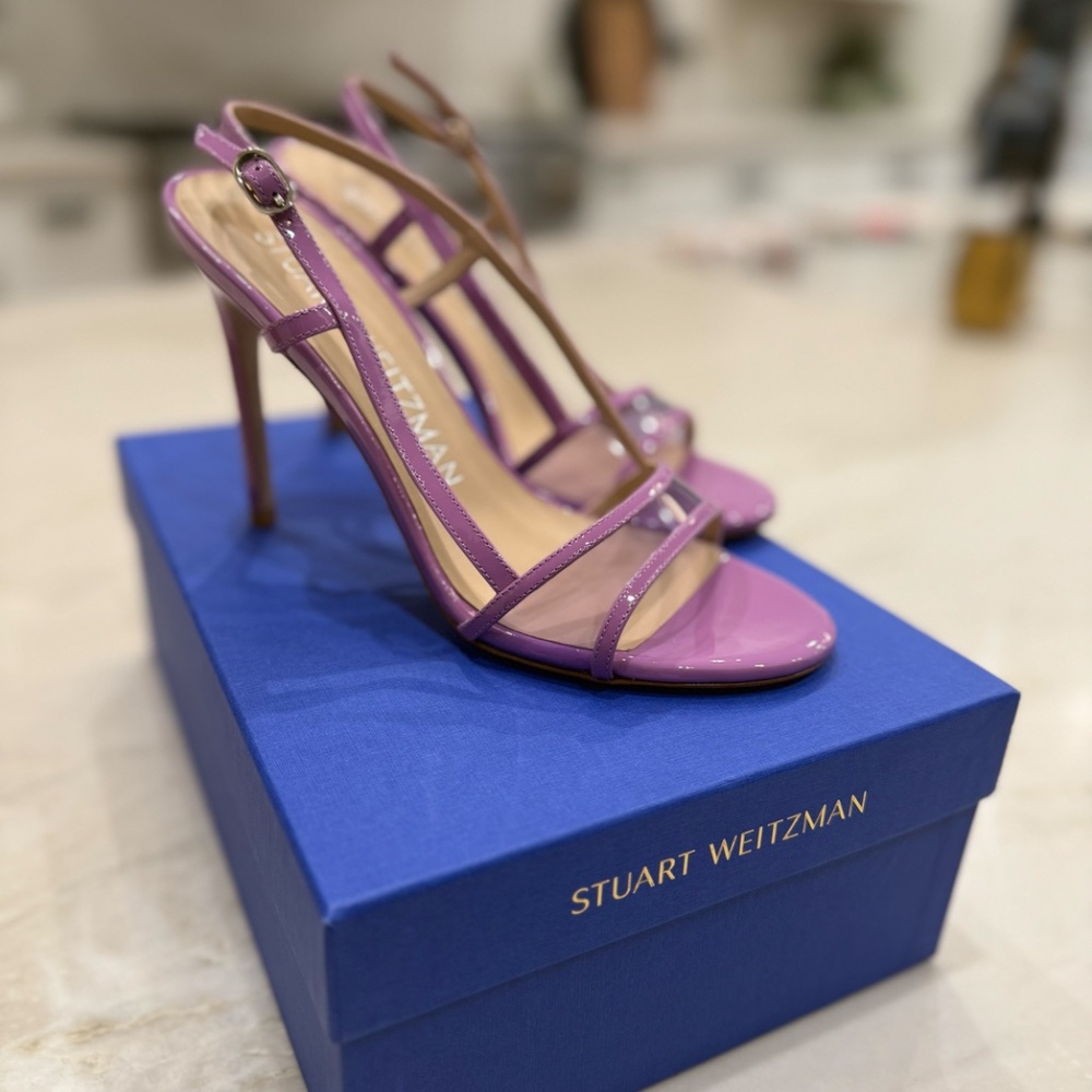Stuart Weitzman Mondrian Sandal violet/purple Patent Leather Heels sz 38.5 or 8